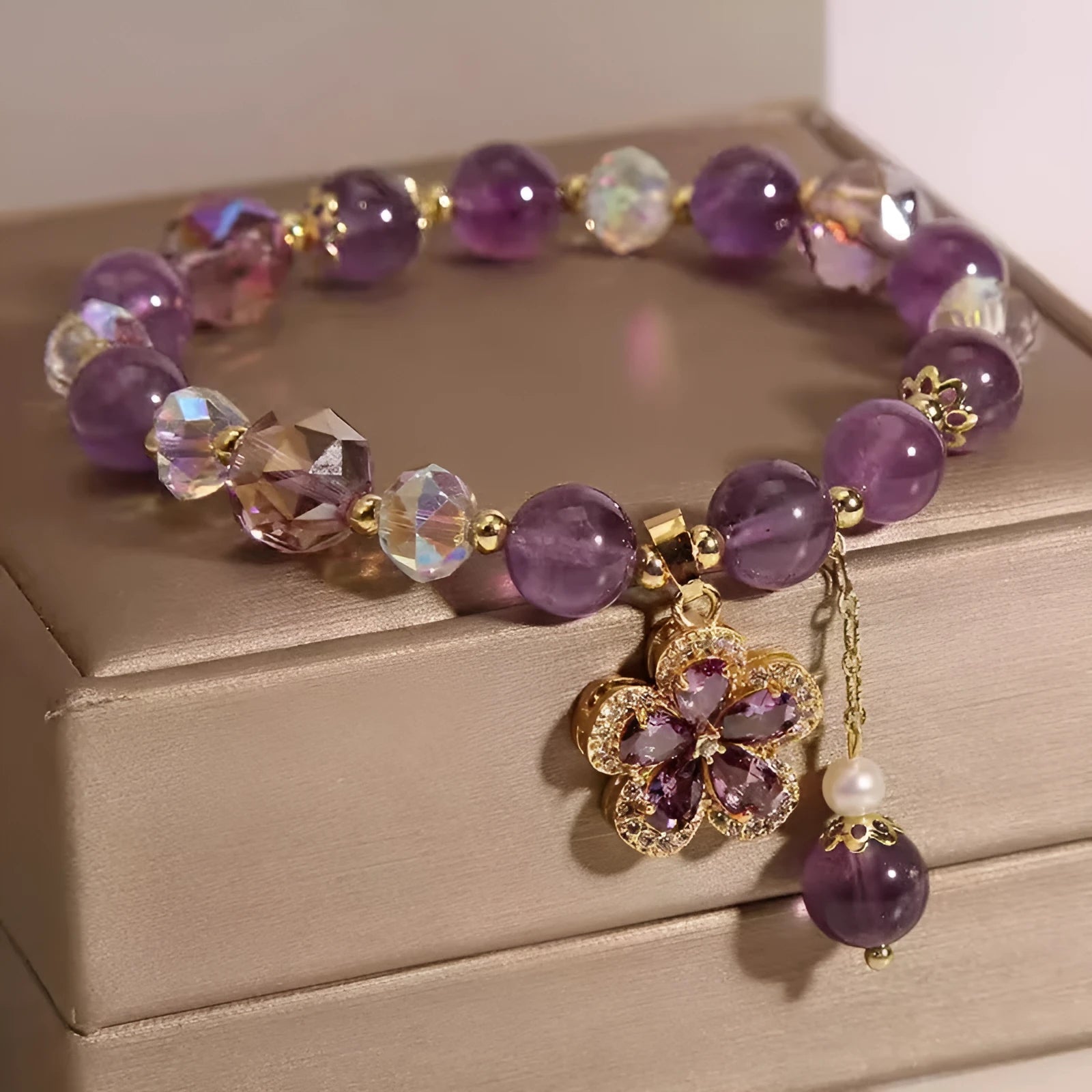 Antique style women's crystal bracelet with a nine-tailed fox pendant and a natural purple amethyst flower charm.