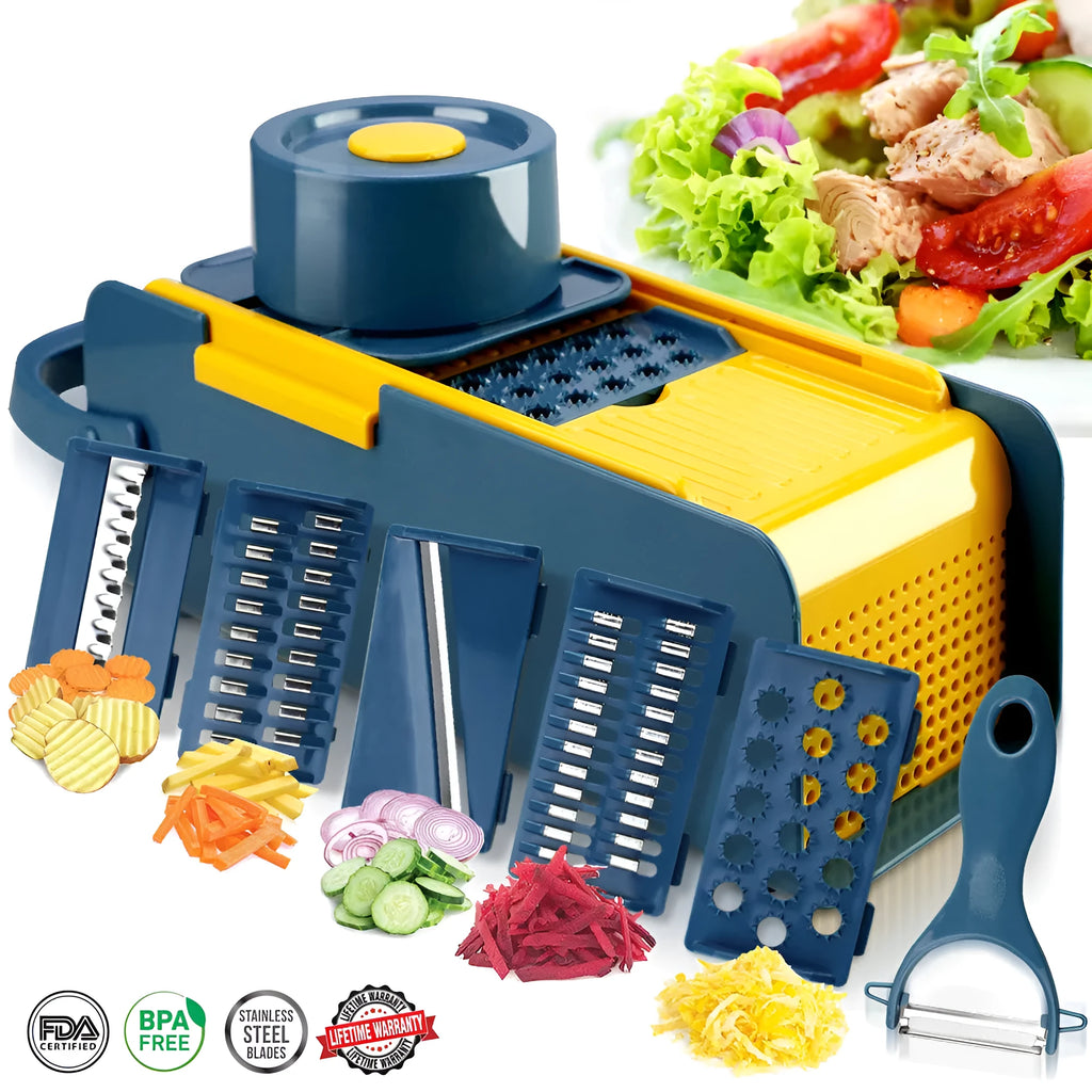 27cm hand-push vegetable cutter with stainless steel blades and protective guard on countertop