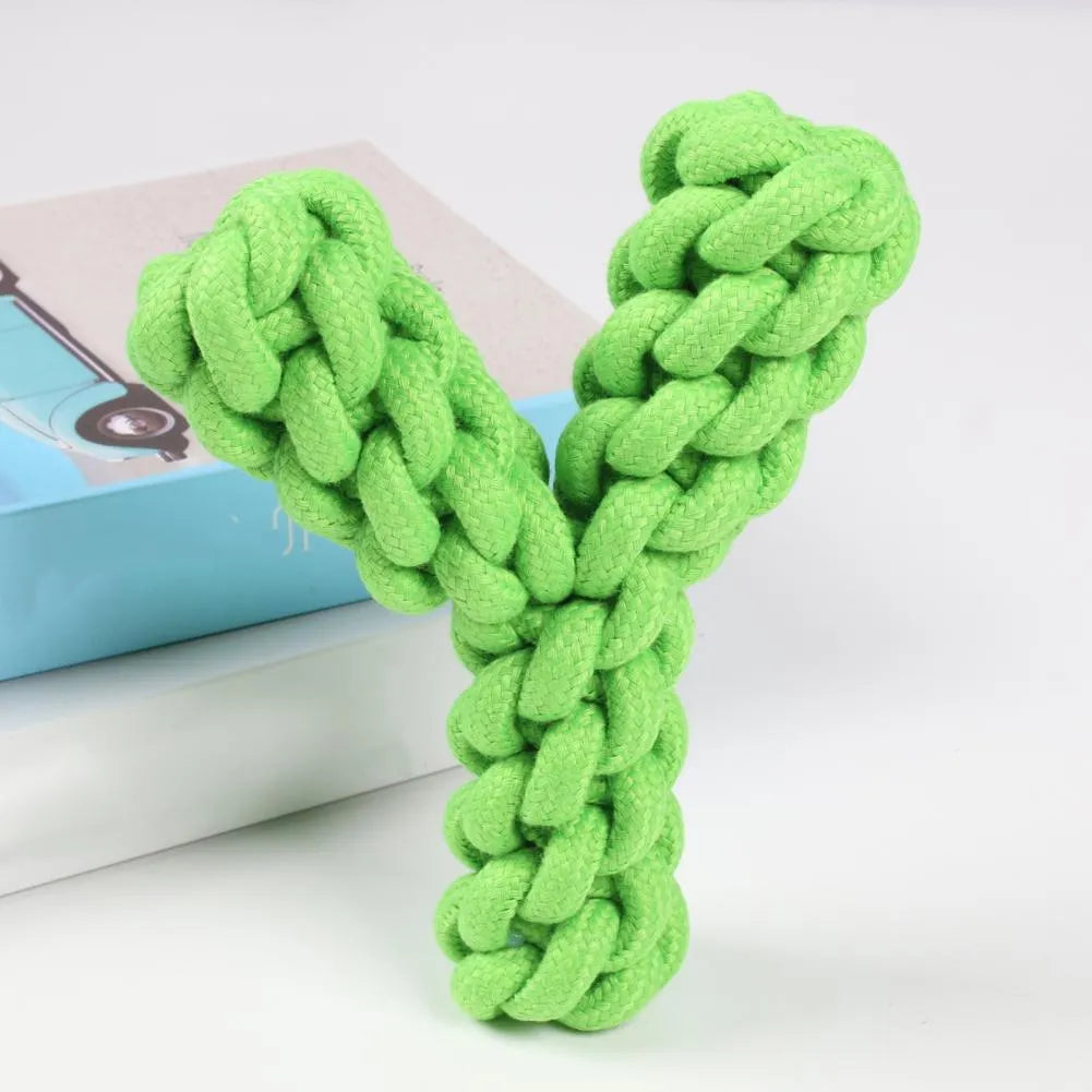 Blue Y-shaped cotton rope dog chew toy for large dogs on white background