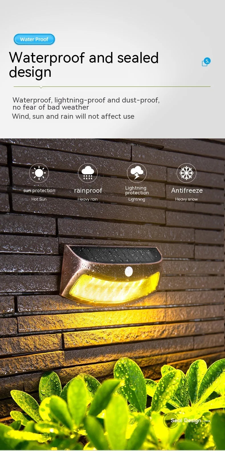 Solar outdoor wall lamp with smiling face design, dimensions 153mm x 76mm x 38mm, IP65 waterproof rating