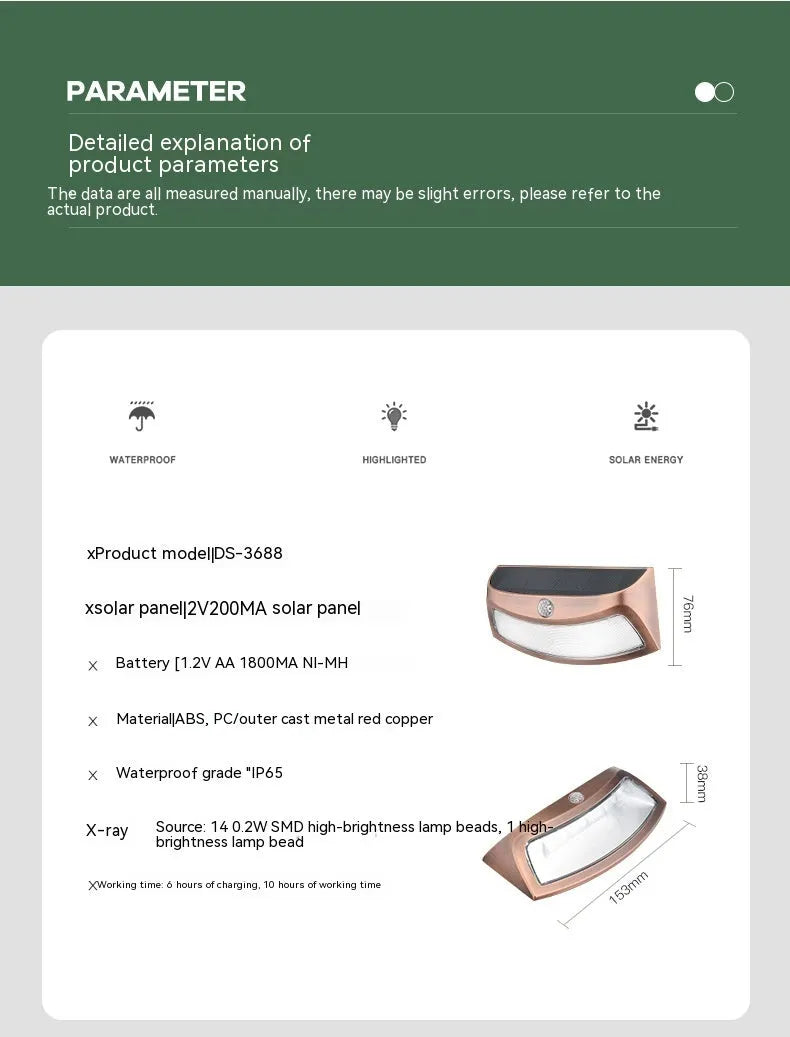 Solar outdoor wall lamp with smiling face design measuring 153x76x38mm for garden lighting