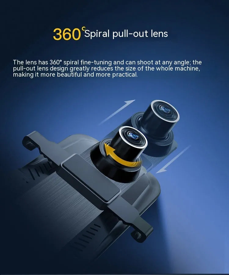 Black 10-inch touch screen driving recorder mounted as rearview mirror with wide angle lens
