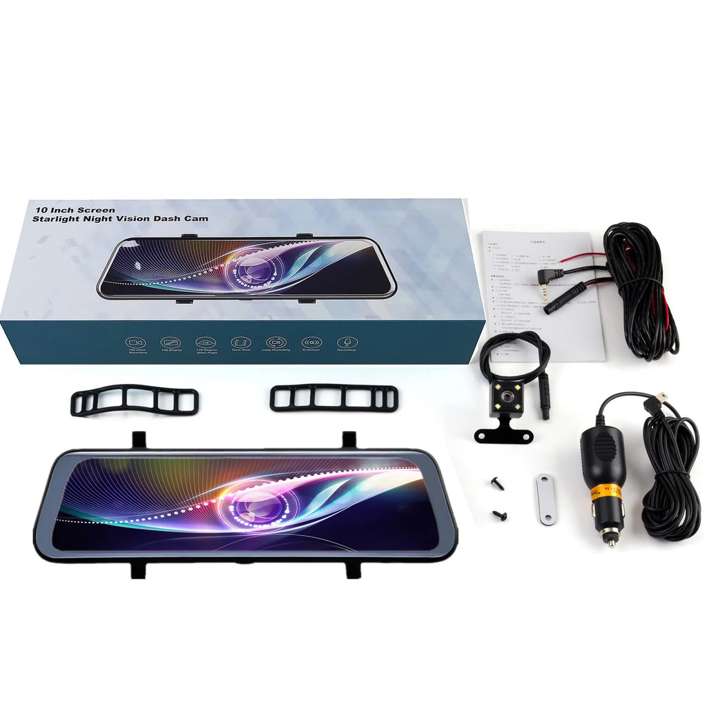 Black 10-inch touch screen driving recorder mounted as rearview mirror with wide angle lens