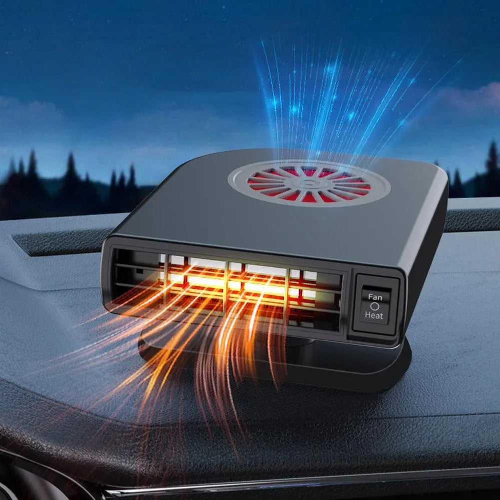 Black vehicle-mounted heater measuring 11x6.5x14cm with 360-degree rotation mount for windscreen defrosting