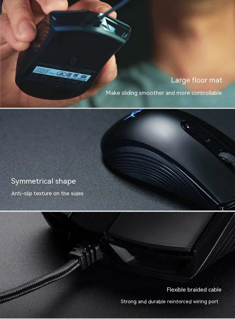 Black and pink versions of a wired RGB gaming mouse with USB cable on a desk.