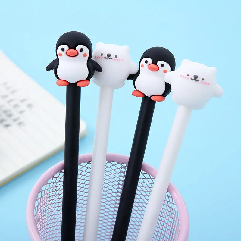 Korean cartoon penguin design gel pen with silicone grip in black or blue, showing 0.5mm tip.
