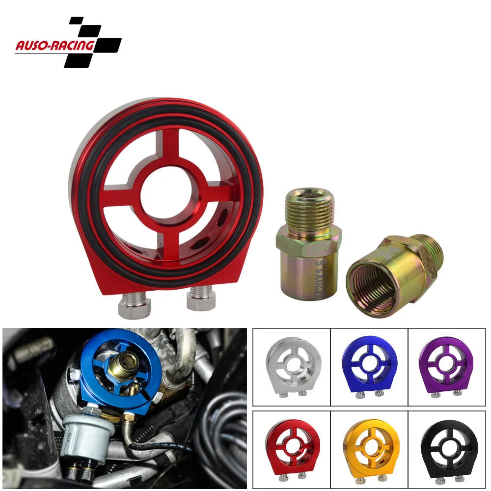 Universal aluminium oil pressure gauge adapter shown in red, blue, black, gold, and silver colour options.
