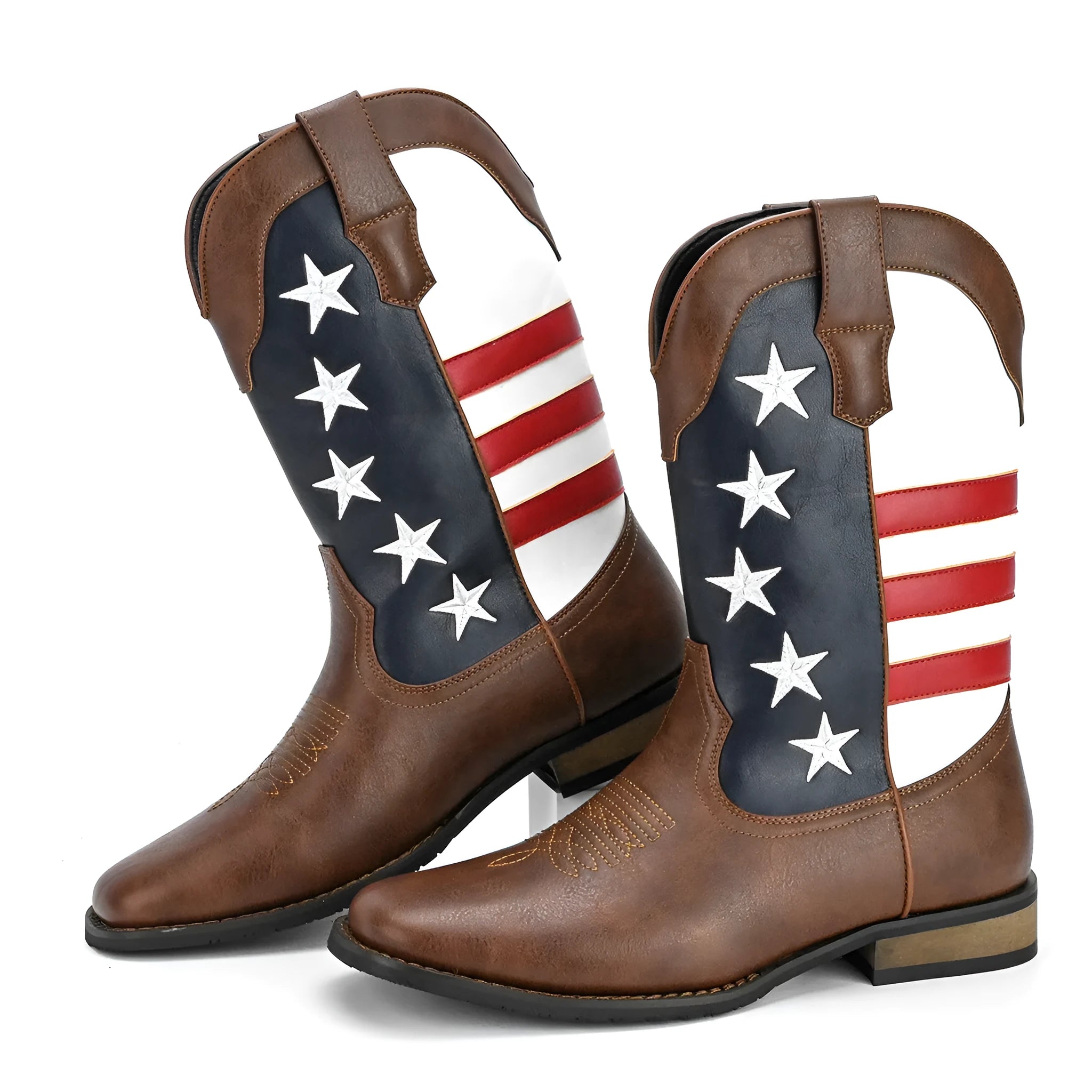 Men's black Western cowboy boots with five-pointed star design and low square heel