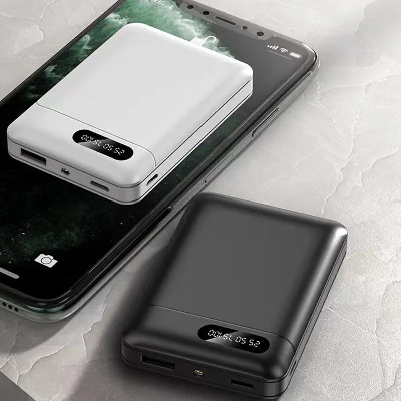 White portable power bank showing dual USB ports and compact 92x63x23mm dimensions