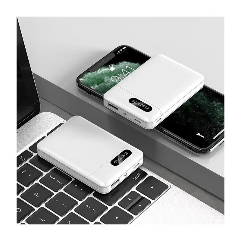 White portable power bank showing dual USB ports and compact 92x63x23mm dimensions