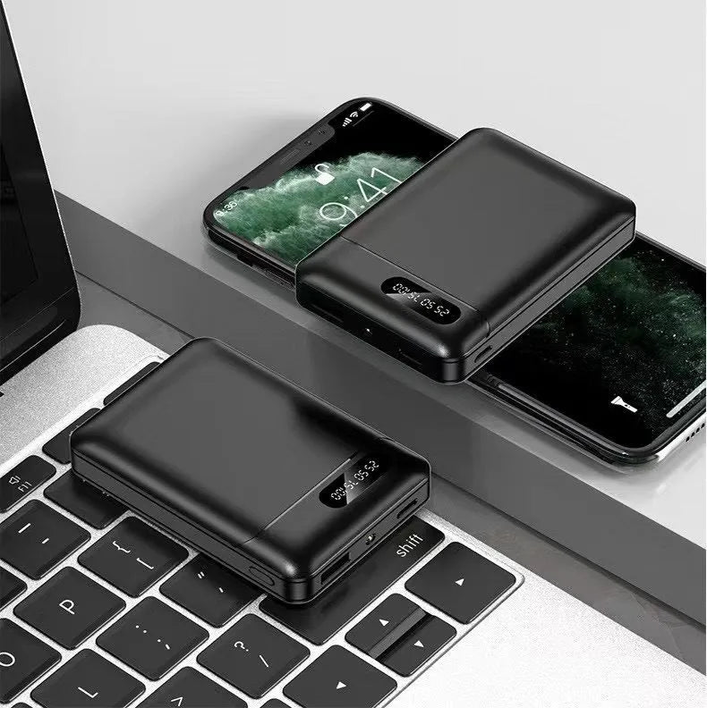 White portable power bank showing dual USB ports and compact 92x63x23mm dimensions