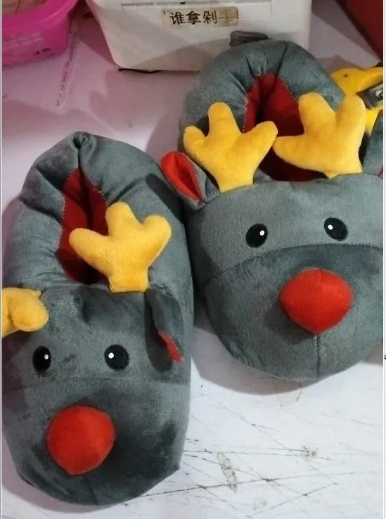 Grey Christmas elk home slippers with super soft fleece upper and point bottom sole, unisex sizes 36-41