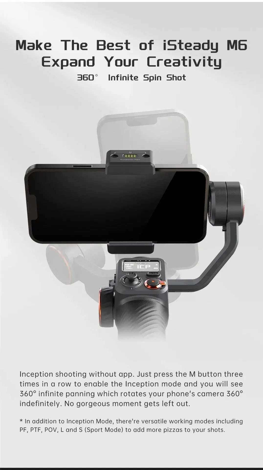 Black three-axis stabiliser with magnetic AI fill light attached to smartphone