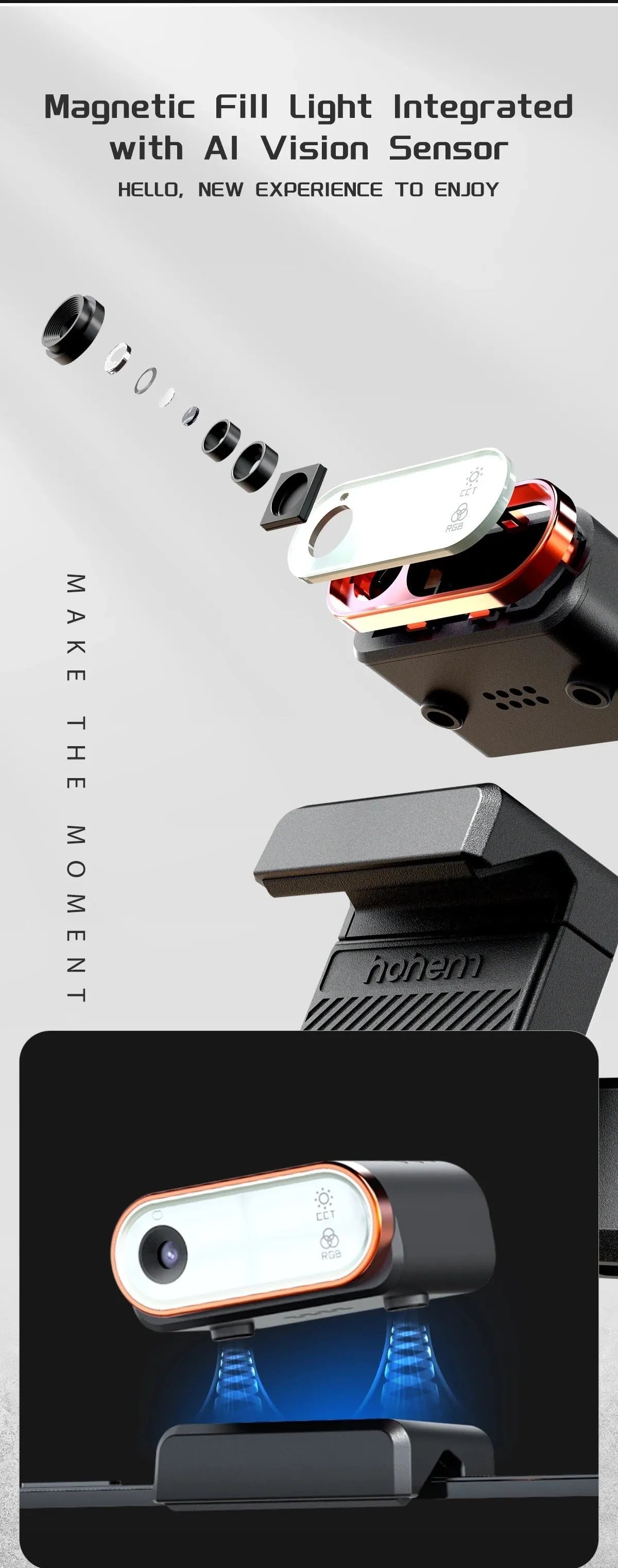 Black three-axis stabiliser with magnetic AI fill light attached to smartphone