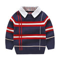 Boy's apricot and navy blue plaid jacquard cotton sweater with long sleeves on a hanger