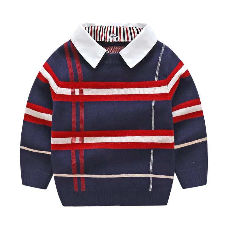 Boy's apricot and navy blue plaid jacquard cotton sweater with long sleeves on a hanger