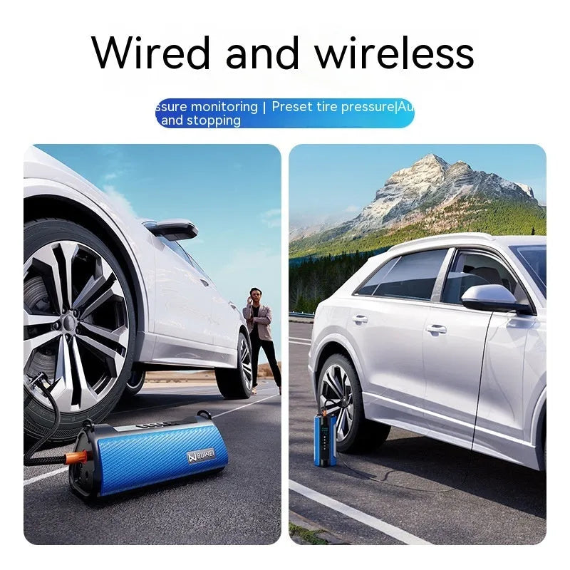 TS01L portable electric car tyre inflator with LED light and extended air hose on a grey background.