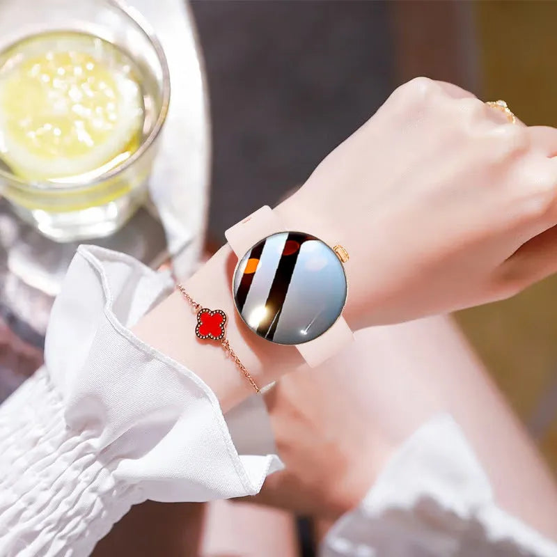 Smart watch for women with colour screen, aluminium alloy case, and metal strap in black, gold, or silver steel.