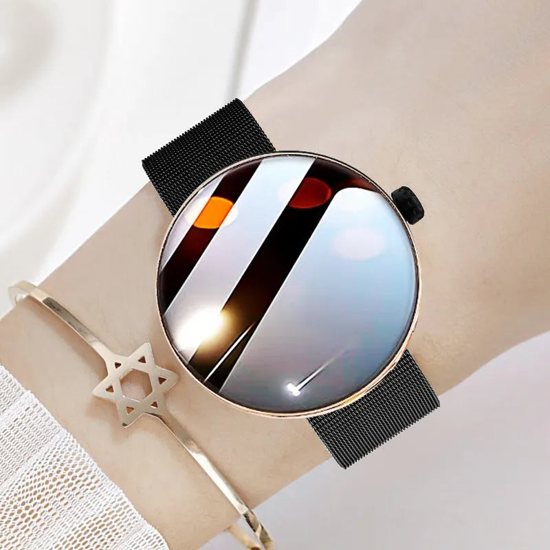 Smart watch for women with colour screen, aluminium alloy case, and metal strap in black, gold, or silver steel.