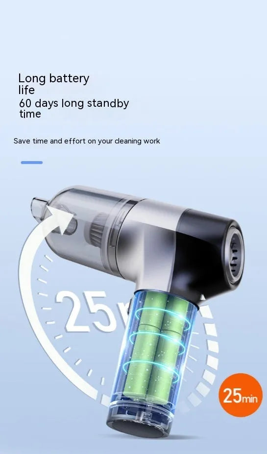 Wireless handheld car vacuum cleaner with multiple nozzle attachments and aviation carry bag.