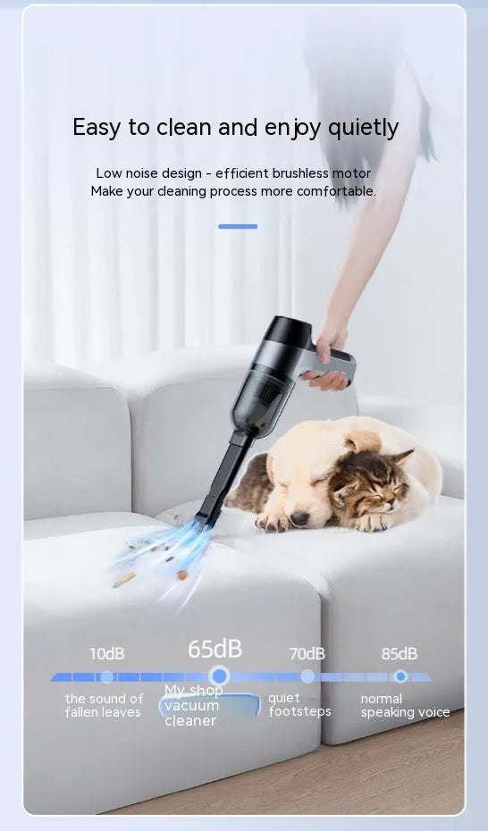 Wireless handheld car vacuum cleaner with multiple nozzle attachments and aviation carry bag.