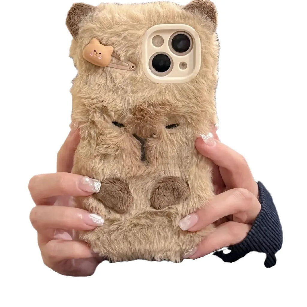 Brown flannel Capabala phone case with plush furry cartoon design for iPhone models