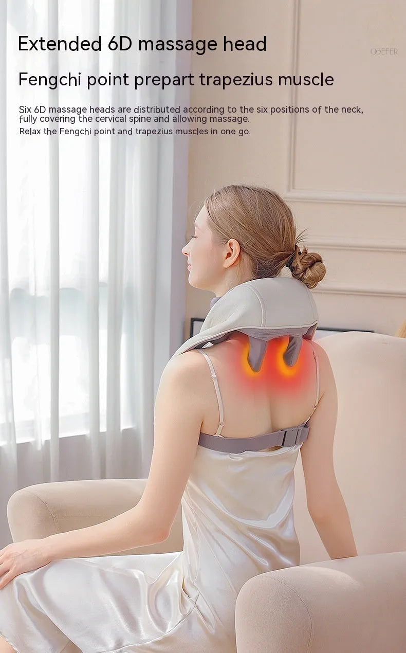 Milky white rechargeable shoulder and neck kneading massager with USB cable.