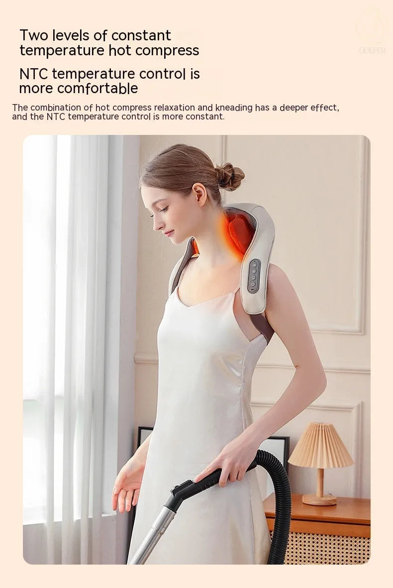 Milky white rechargeable shoulder and neck kneading massager with USB cable.