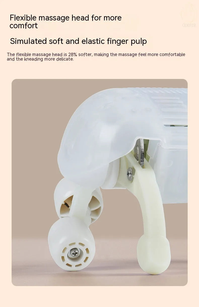 Milky white rechargeable shoulder and neck kneading massager with USB cable.