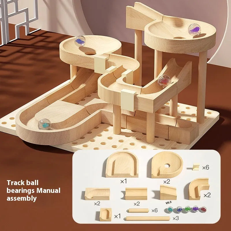 Children's wooden multi-layer gliding car track toy for ages 4-6 with colourful sliding car and track pieces