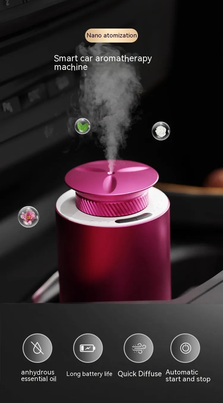 Portable car aroma diffuser in column shape with metal construction and touch button interface