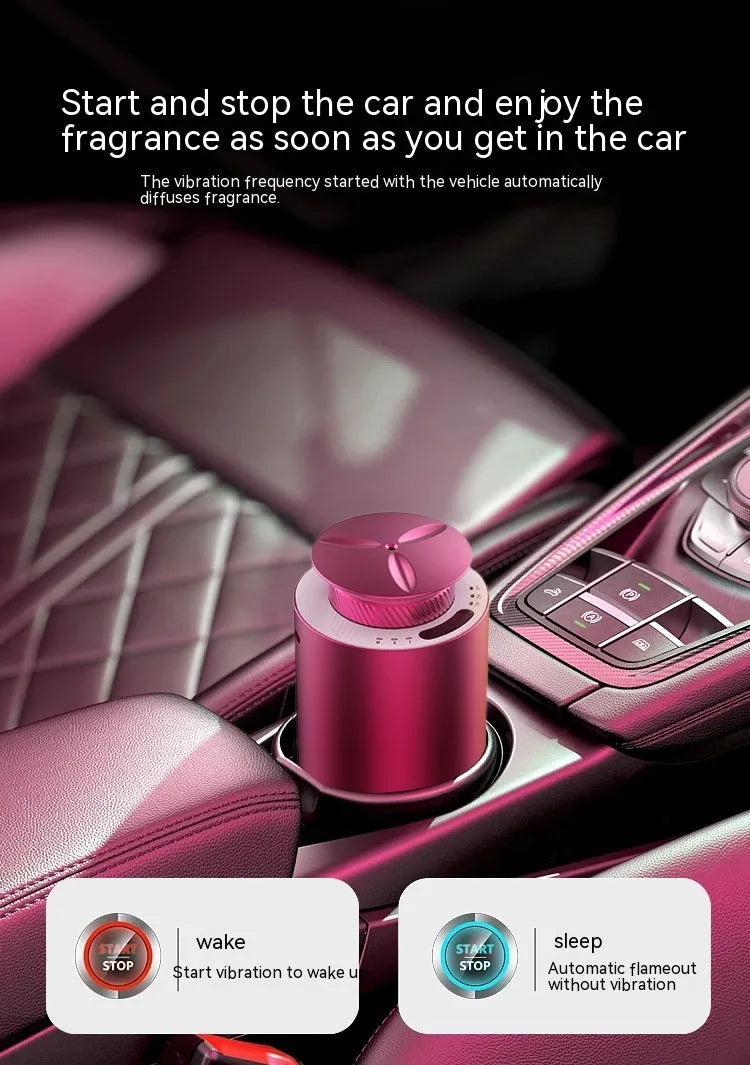 Portable car aroma diffuser in column shape with metal construction and touch button interface