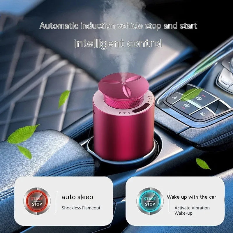 Portable car aroma diffuser in column shape with metal construction and touch button interface