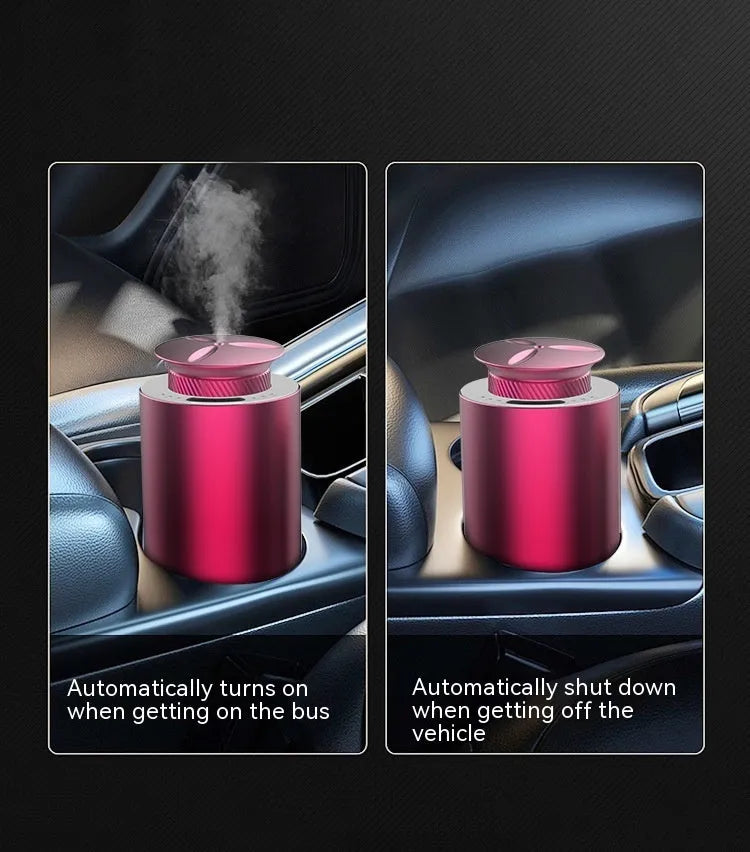 Portable car aroma diffuser in column shape with metal construction and touch button interface