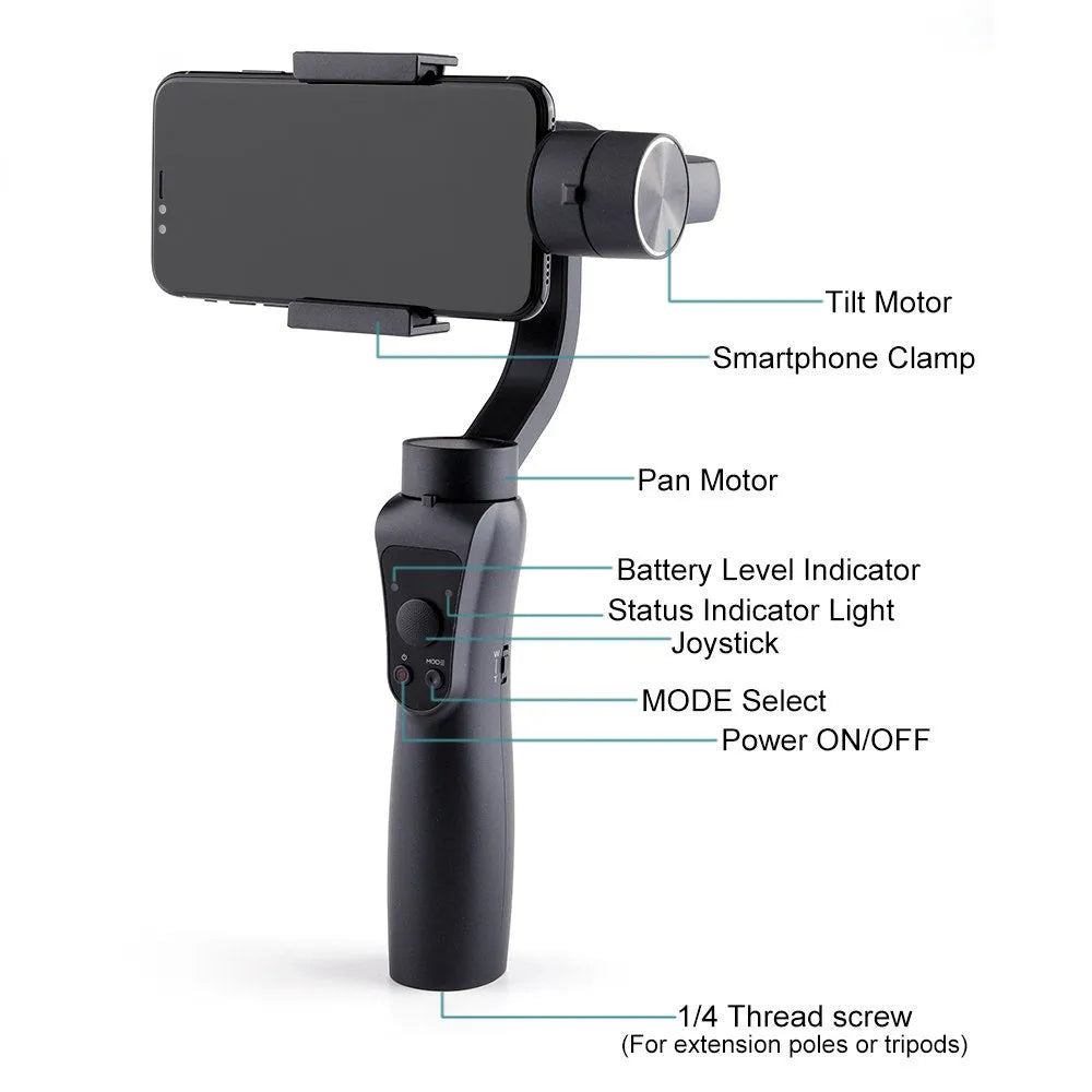 Black 3-axis handheld smartphone gimbal stabilizer showing rotation capabilities for phones below 6.5 inches