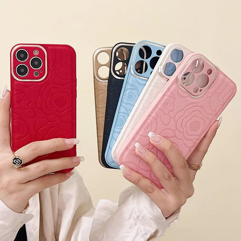 Camellia leather pattern phone case with soft edge and hard back for iPhone 11 to 15 Pro Max