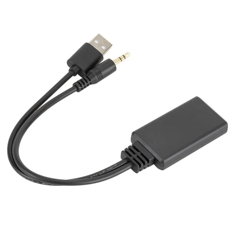 Black car AUX Bluetooth audio receiver with 3.5mm plug and USB cable for wireless music streaming