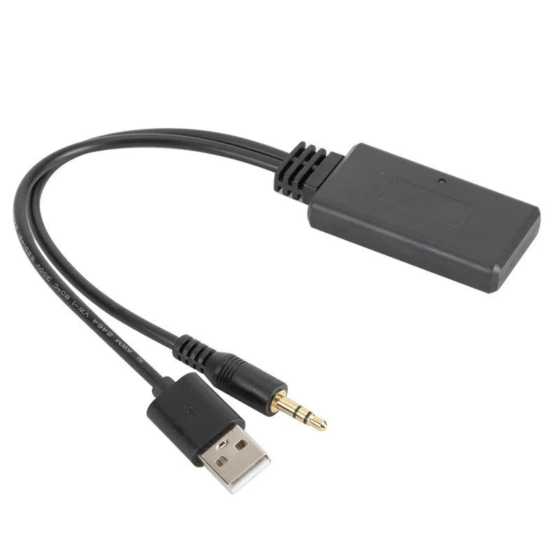 Black car AUX Bluetooth audio receiver with 3.5mm plug and USB cable for wireless music streaming