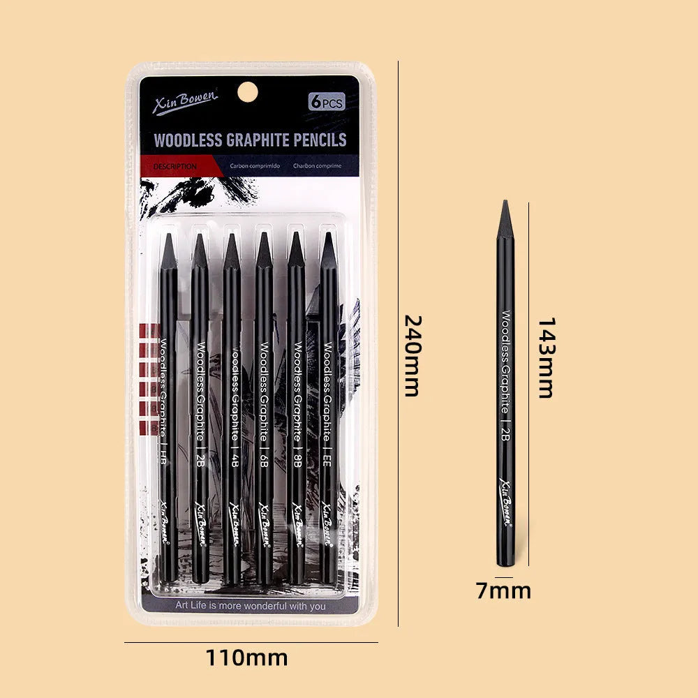 Set of 6 wood-free graphite sketching pencils with graded hardness labels HB 2B 4B 6B 8B EE