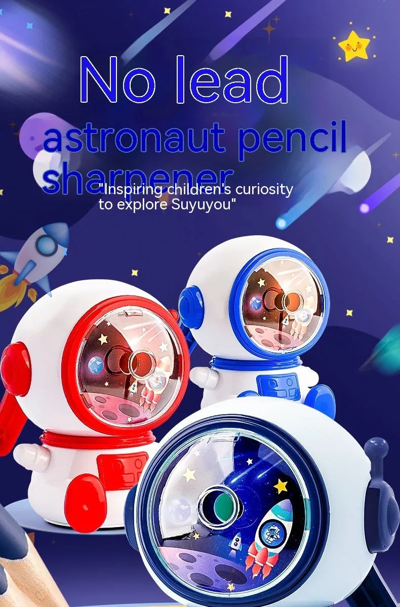 Astronaut-themed manual pencil sharpener in blue or pink with adjustable sharpening settings