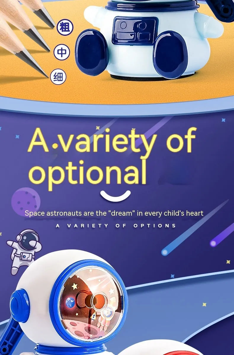 Astronaut-themed manual pencil sharpener in blue or pink with adjustable sharpening settings