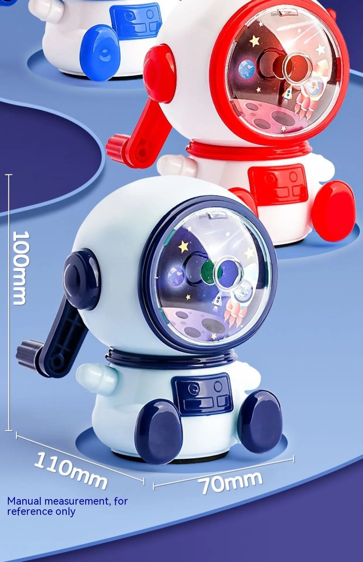 Astronaut-themed manual pencil sharpener in blue or pink with adjustable sharpening settings