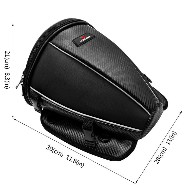 Black waterproof motorcycle tail seat bag with reflective strip and shoulder strap