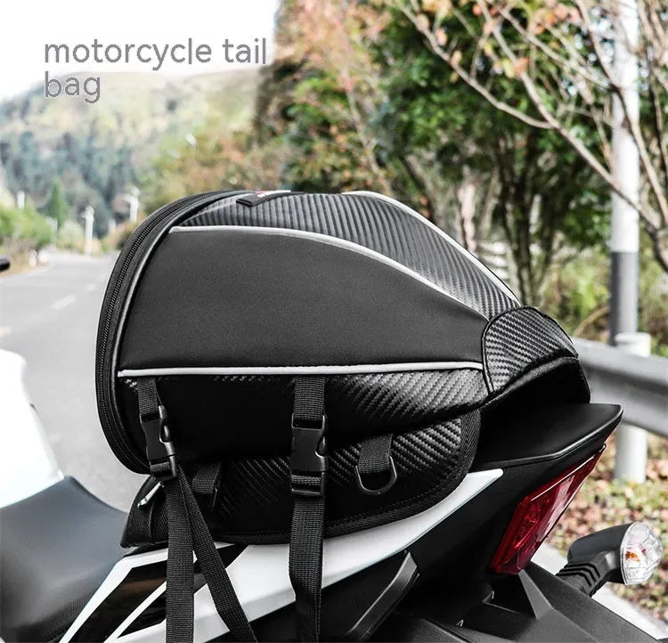 Black waterproof motorcycle tail seat bag with reflective strip and shoulder strap