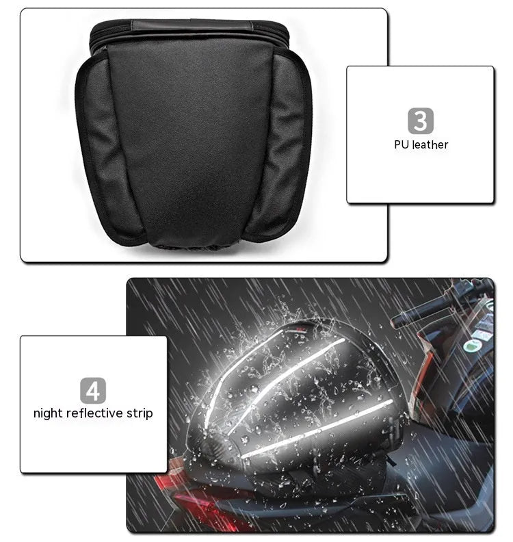 Black waterproof motorcycle tail seat bag with reflective strip and shoulder strap