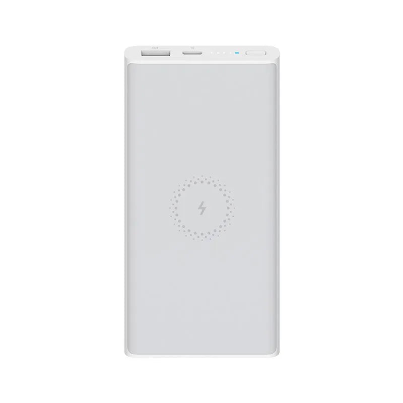 White or black 10000mAh power bank with USB Type-C port and wireless charging surface