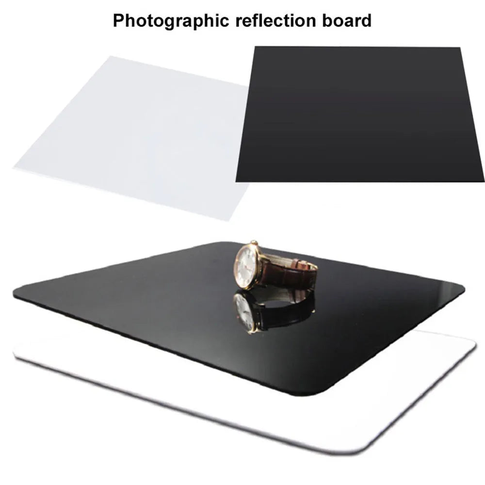 Black and white acrylic shooting reflection boards in three square sizes for jewellery photography
