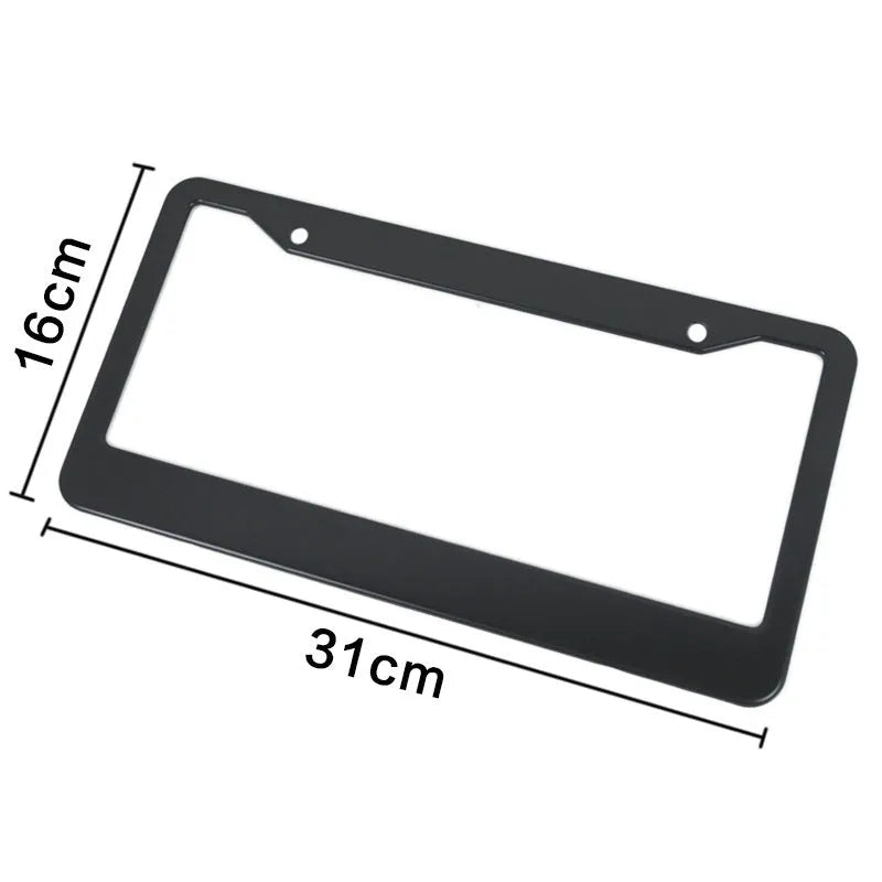 Minimalist black aluminium alloy car licence plate frame with slotted holes on a white background.
