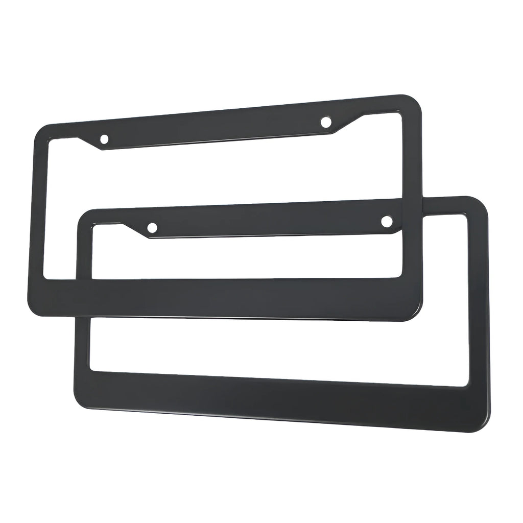 Minimalist black aluminium alloy car licence plate frame with slotted holes on a white background.
