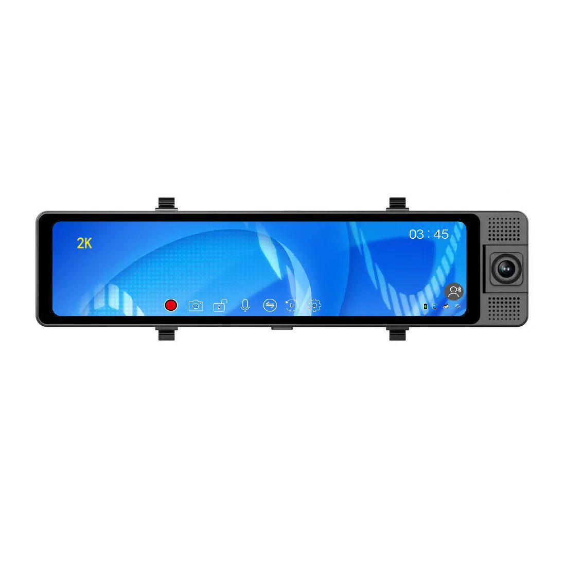 12-inch car rearview mirror dash cam with touchscreen, showing front and rear camera views and a reversing image.